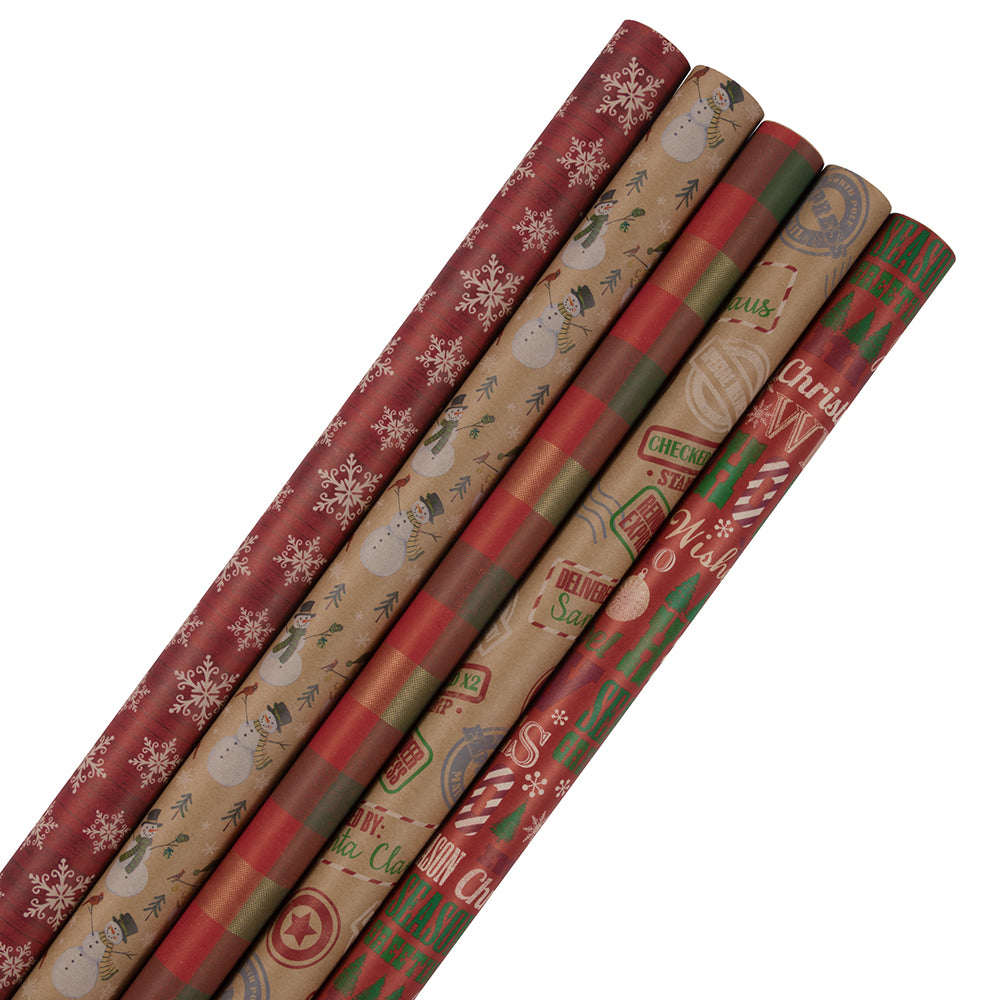 Image of JAM Paper Kraft Wrapping Paper Rolls Christmas Set, 125 sq ft., 5 Pack (165K5KRCHR)
