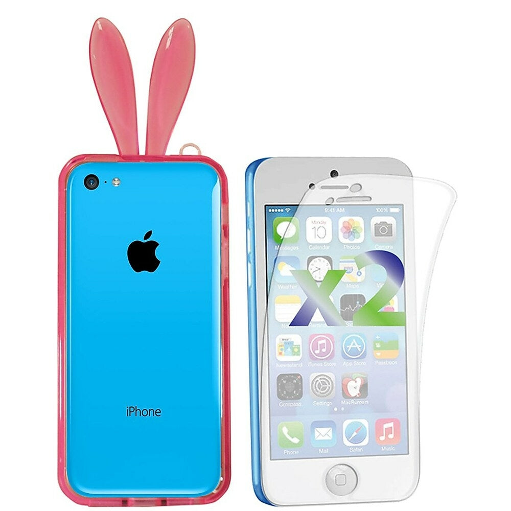 Image of Exian Transparent Bumper Case with Bunny Ears and Screen Protectors (2 Pack) for iPhone 5c - Pink