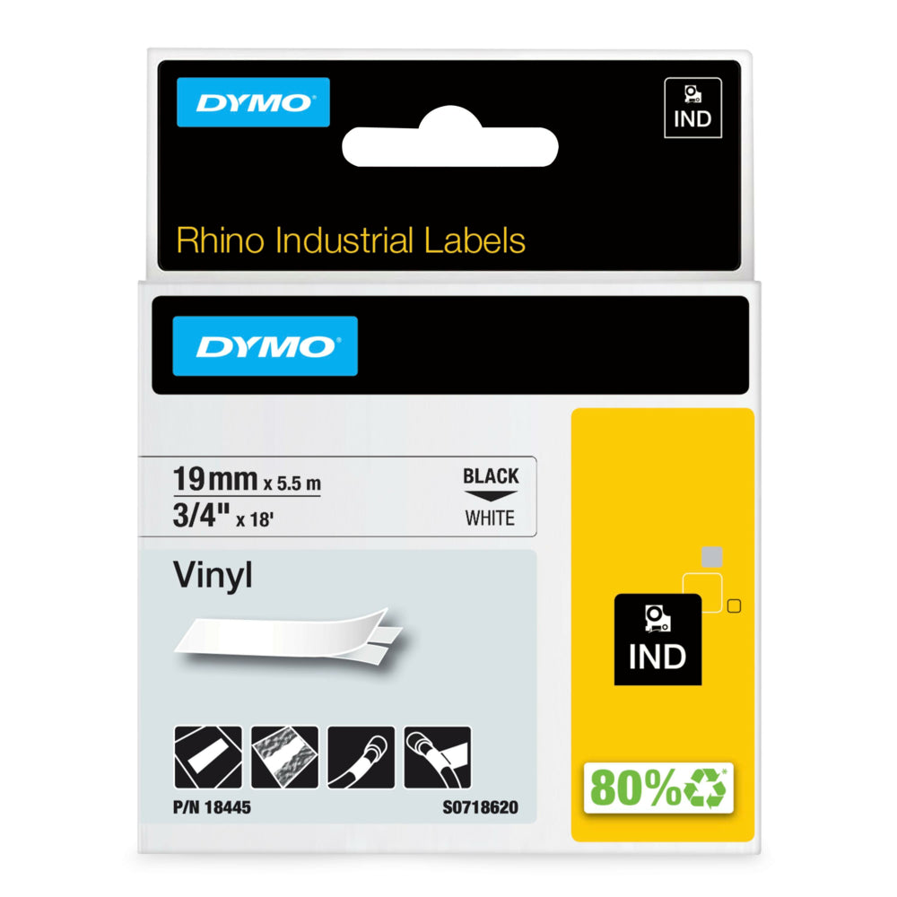 Image of Dymo Rhino Industrial Vinyl Adhesive Labels, 3/4" x 18', Black on White