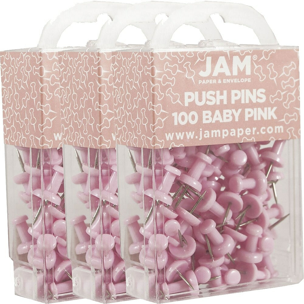 Image of JAM Paper Push Pins, Baby Pink Pushpins, 3 Packs of 100, 300 Total (222419048g)