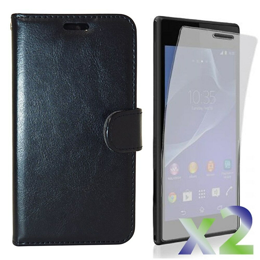 Image of Exian Leather Wallet Case for Sony Xperia M2 - Black