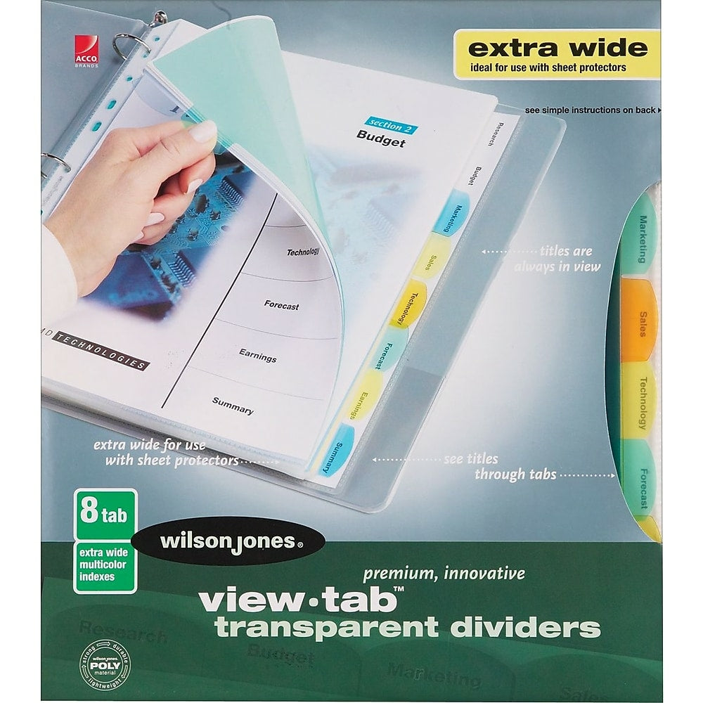 Image of Wilson Jones Extra-Wide View-Tab Transparent Dividers - 8 Tabs - Multicolour