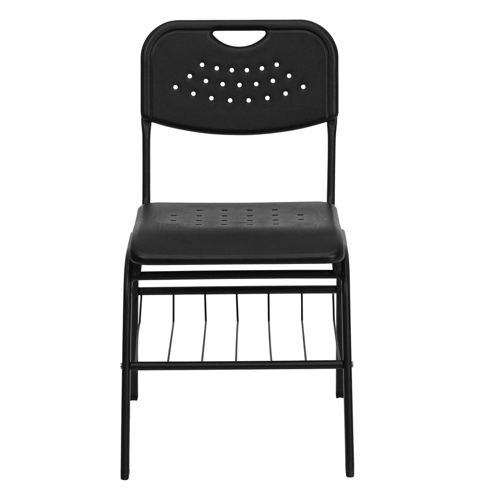Image of Flash Furniture HERCULES Plastic Chair with Black Frame & Book Basket - Black