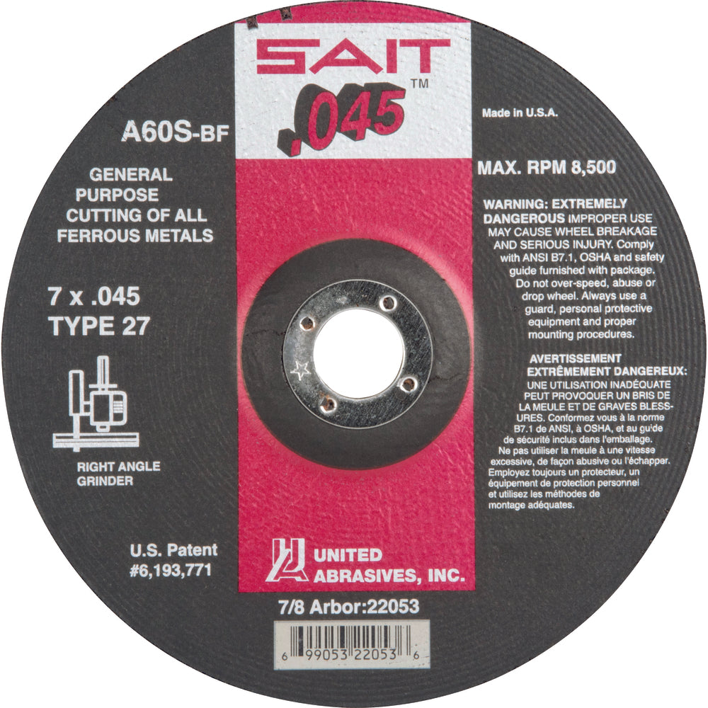 Image of SCN Industrial Depressed Center Cut-Off Wheel, 7" x 0.045", 7/8" Arbor, Type 27, Aluminum Oxide, 8500 Rpm - 36 Pack