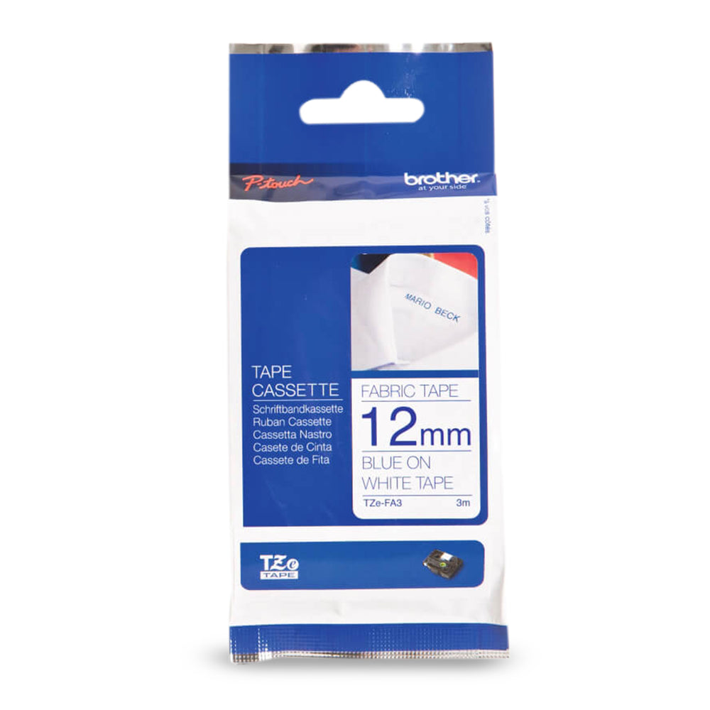 Image of Brother Genuine TZeFA3 Navy on White Fabric Iron-on 12 mm Tape for P-touch Label Makers