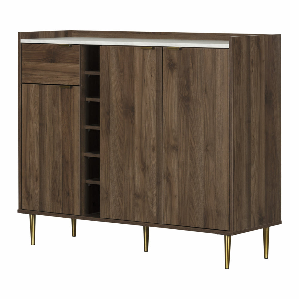 Image of South Shore Hype Buffet with Wine Storage - Natural Walnut and Faux Carrara Marble