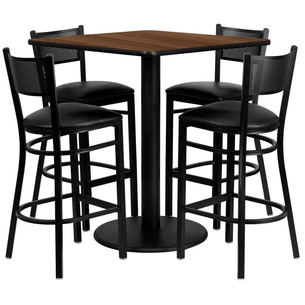 Image of Flash Furniture 36" Square Walnut Laminate Table Set with Round Base and 4 Grid Back Metal Bar Stools, Black Vinyl Seat