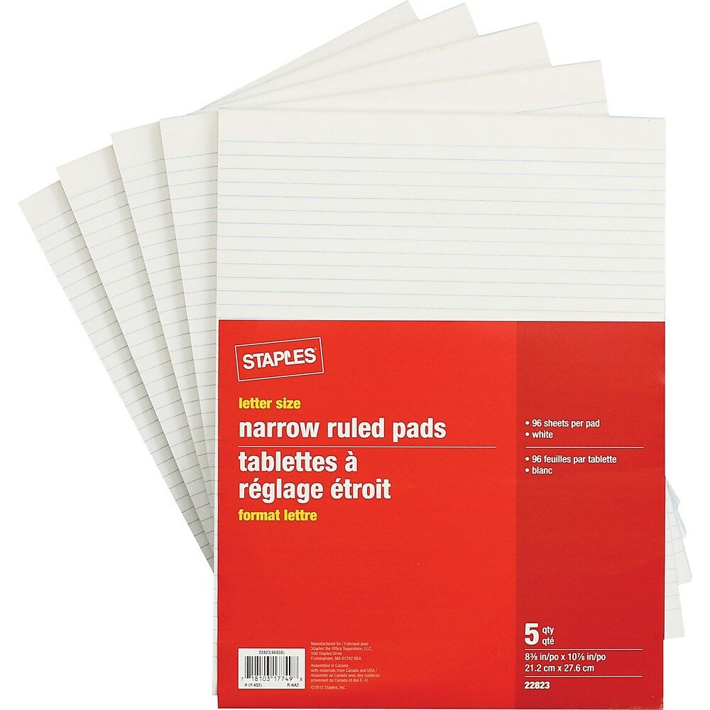 Image of Staples Letter-Sized Narrow-Ruled Paper Pads - White - 8-3/8" x 10-7/8" - 96 Sheets - 5 Pack