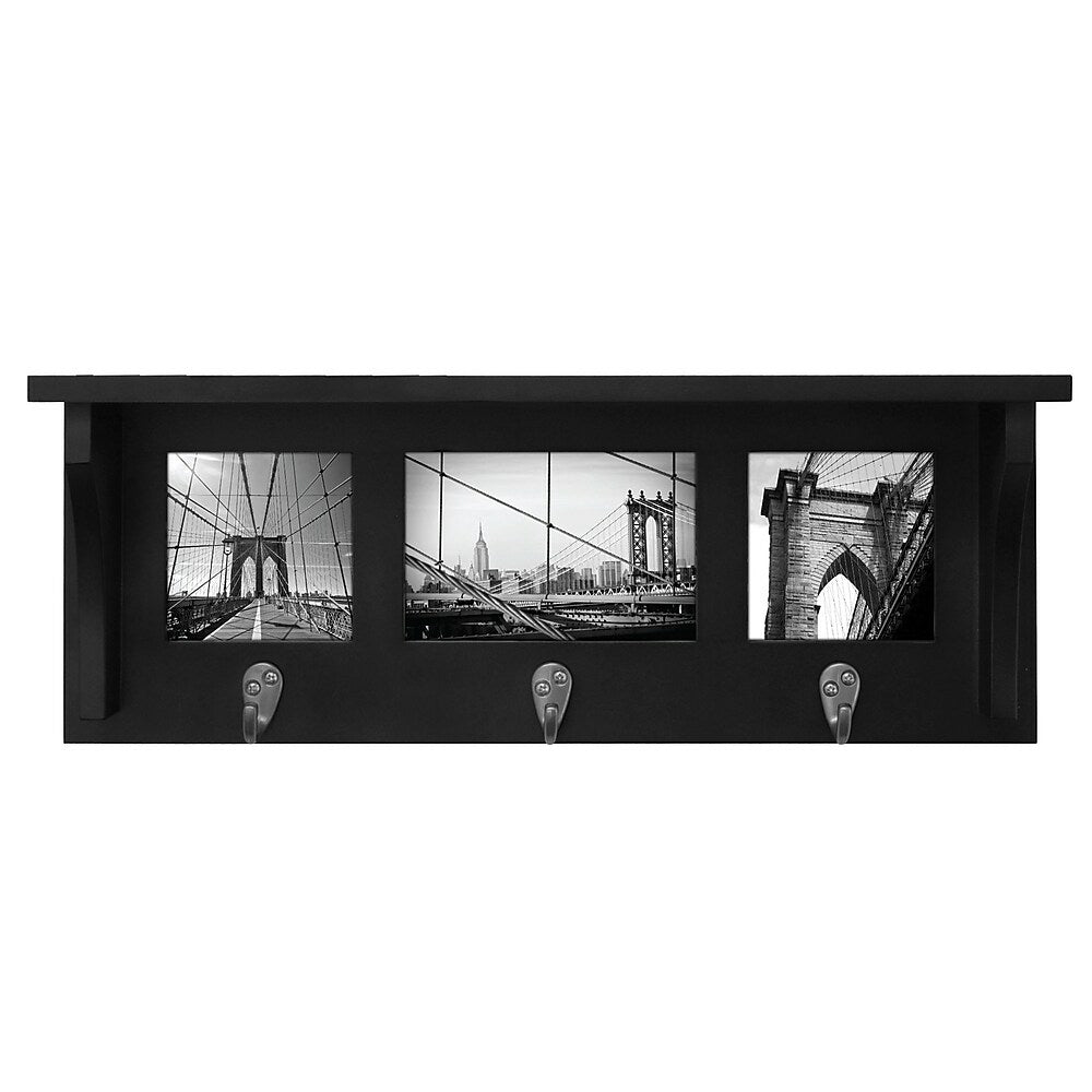 Image of Riley Wall Shelf & Picture Collage, 18.75"L x 4"D x 7"H, 3 Metal Hooks, Black (FN00378-2INT)