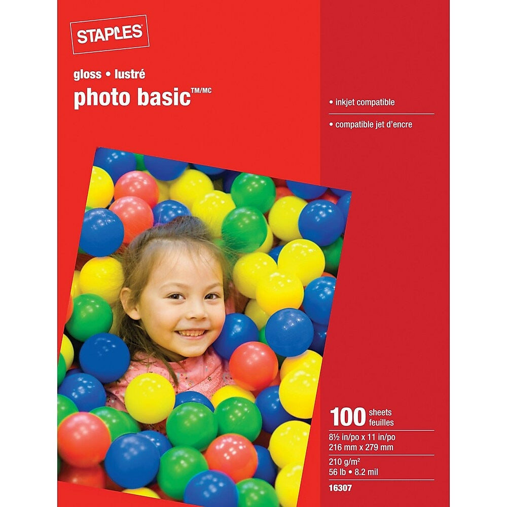 Image of Staples Photo Basic Photo Paper - Glossy - 56 lbs - 8-1/2" x 11" - 100 Sheets, 100 Pack