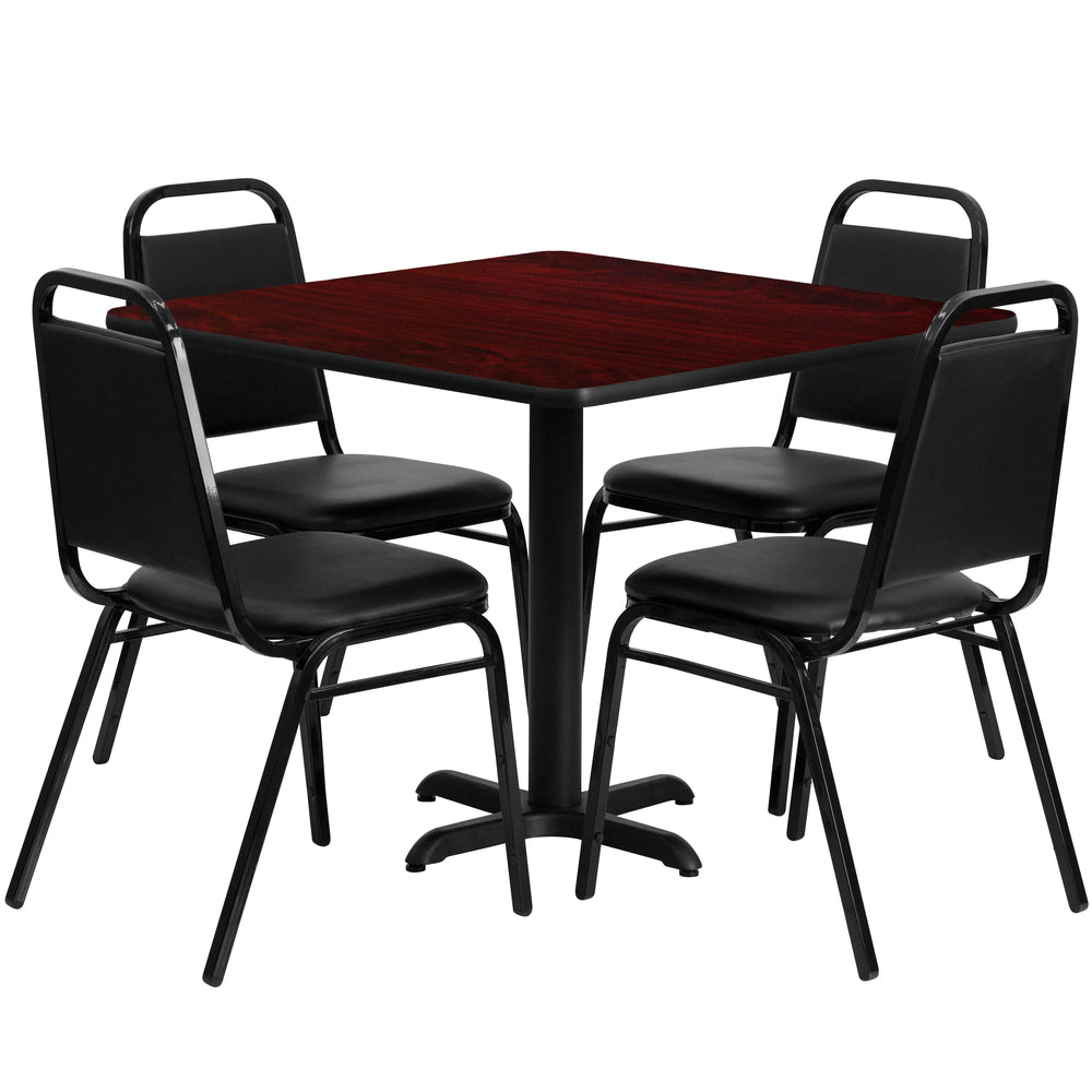 Image of Flash Furniture 36" Square Mahogany Laminate Table Set with X-Base and 4 Black Trapezoidal Back Banquet Chairs