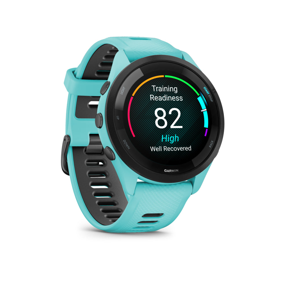 Image of Garmin Forerunner 265 GPS Running and Triathlon Smartwatch - Black Bezel, Aqua Case, Aqua - Black Silicone Band, Blue