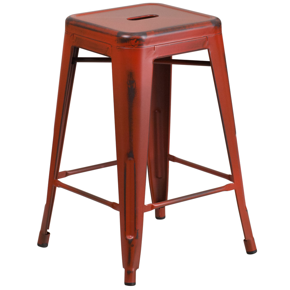 Image of Flash Furniture 24" High Backless Distressed Kelly Red Metal Indoor-Outdoor Counter Height Stool