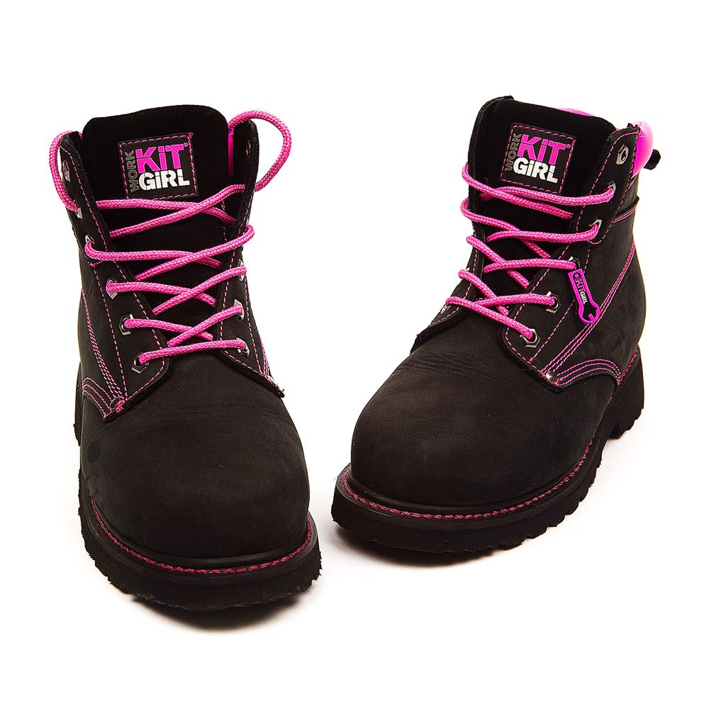 Womens Steel Cap Toe Work Boots (PPE) in Black/Pink from Work Kit Girl