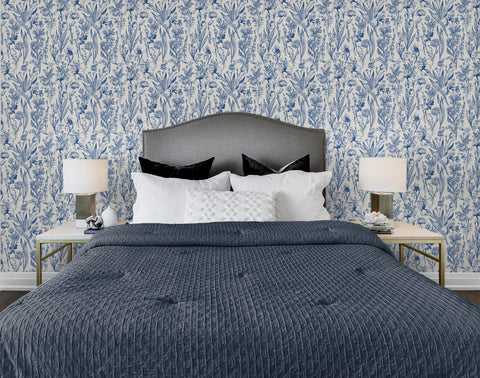 Wallpaper for the Bedroom. Hamptons style Wallpaper. Vintage Blue Floral Wallpaper. 