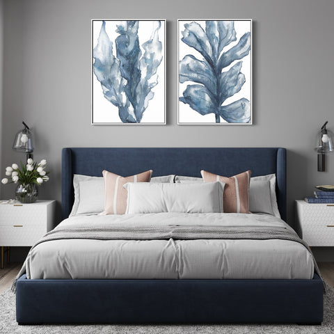 A pair of Hamptons style wall art for a Hamptons style Bedroom. Coral prints created with blue watercolour against a white background. 