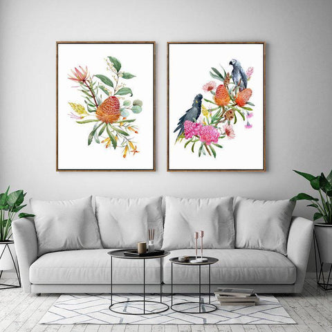 Watercolour Bouquet, Banksias,Protea Leaves, Eucalyptus, Parrot And Cockatoo, set of 2