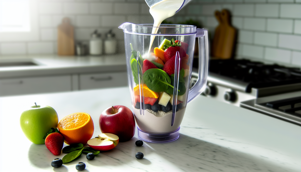 Egg white protein powder being mixed into a smoothie with fruits and vegetables