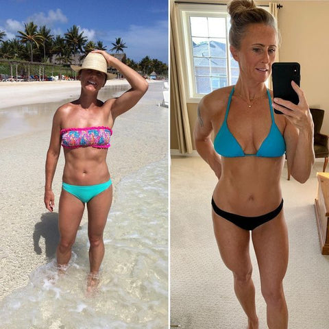 a photo collage, on left a woman in bikinis in the sea, on right same woman taking a mirror selfie