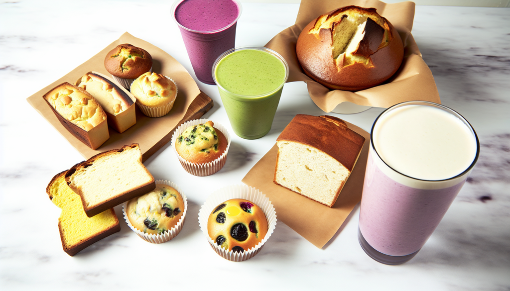 A variety of baked goods and smoothies made with egg white protein powder as a flour substitute or ingredient