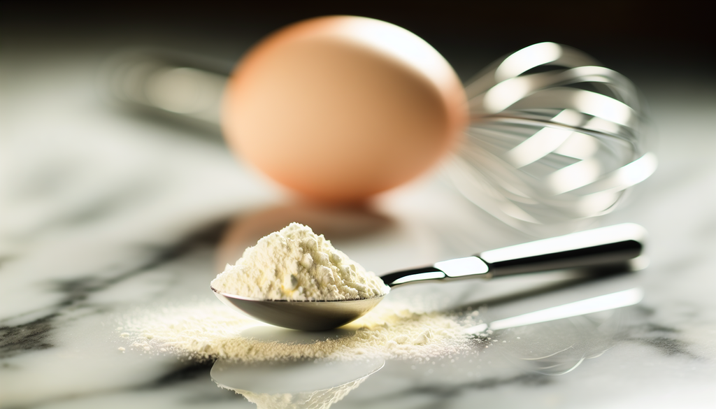 A scoop of egg white protein powder with a cracked egg and a whisk in the background
