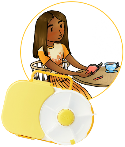 Closeup of Honey, smiling gently and reading with a Honey/Lemon lunchbox floating below her.