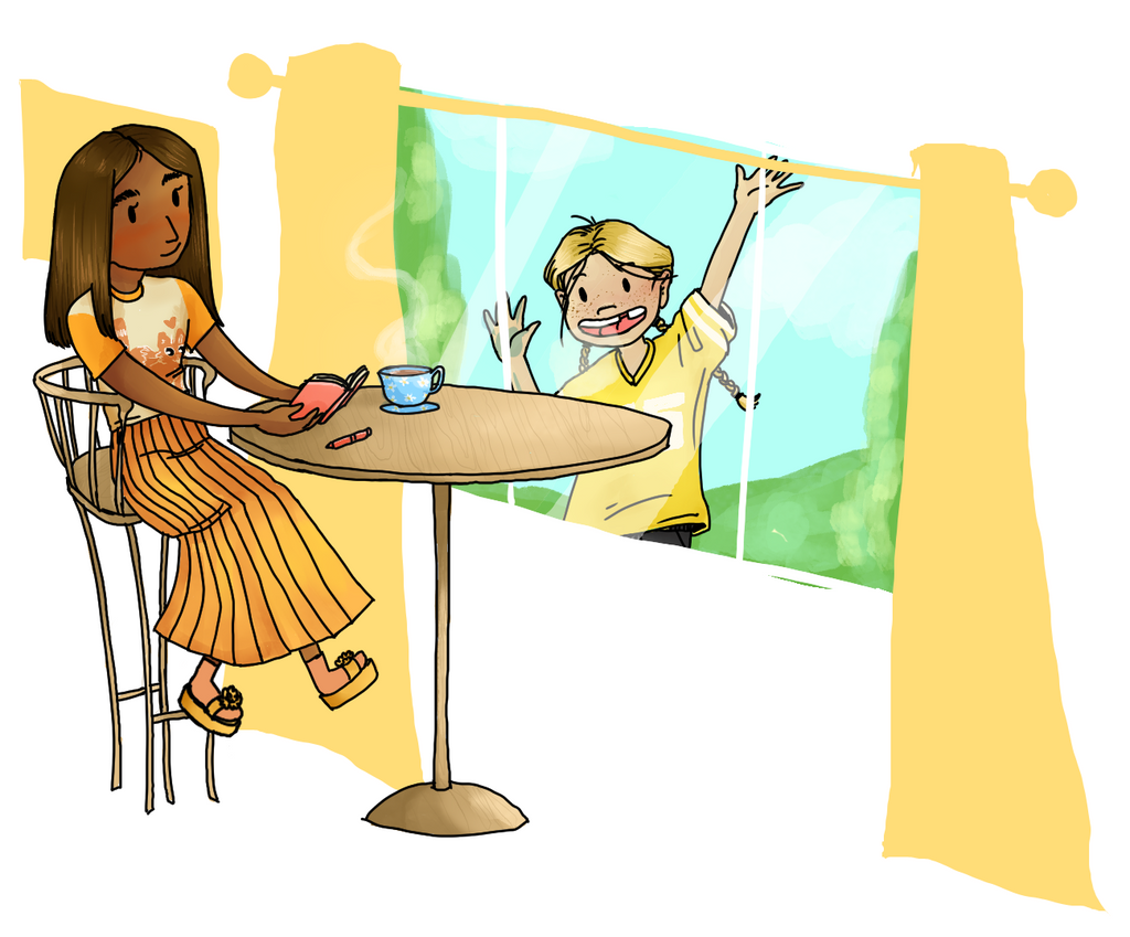 Illustration of two friends: Honey, who is sitting at a cafe table and reading a book with a cup of tea, and Lemon, who is outside in a soccer uniform waving excitedly to get Honey's attention.