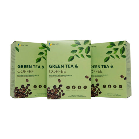 Three boxes of Fine USA's Green Tea and Coffee Blend