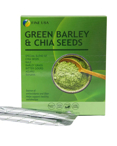 Fine USA's Green Barley & Chia Seeds product in a green box