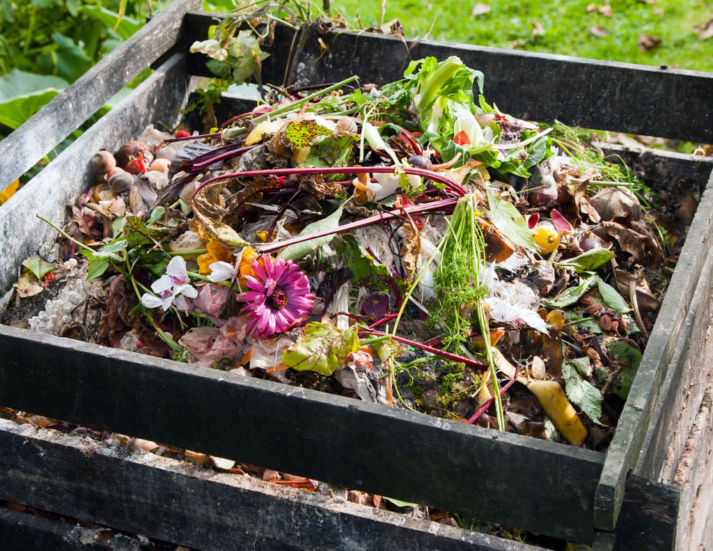 A pile of leaves, flowers, fruits, vegetables, and peels composting in a slat wood box.