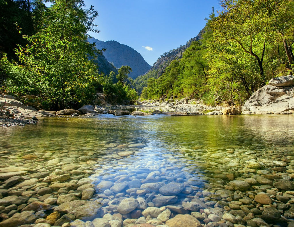 In the foreground, the crystal clear water of a river reveals rocks and pebbles. Trees with vibrant, green leaves and hills rise in the background.