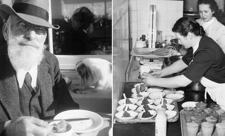 Two black and white photos. In the right photo, a white-bearded man wearing glasses and a hat peers at us. In the right photo, women stand in a kitchen spooning food into bowls.