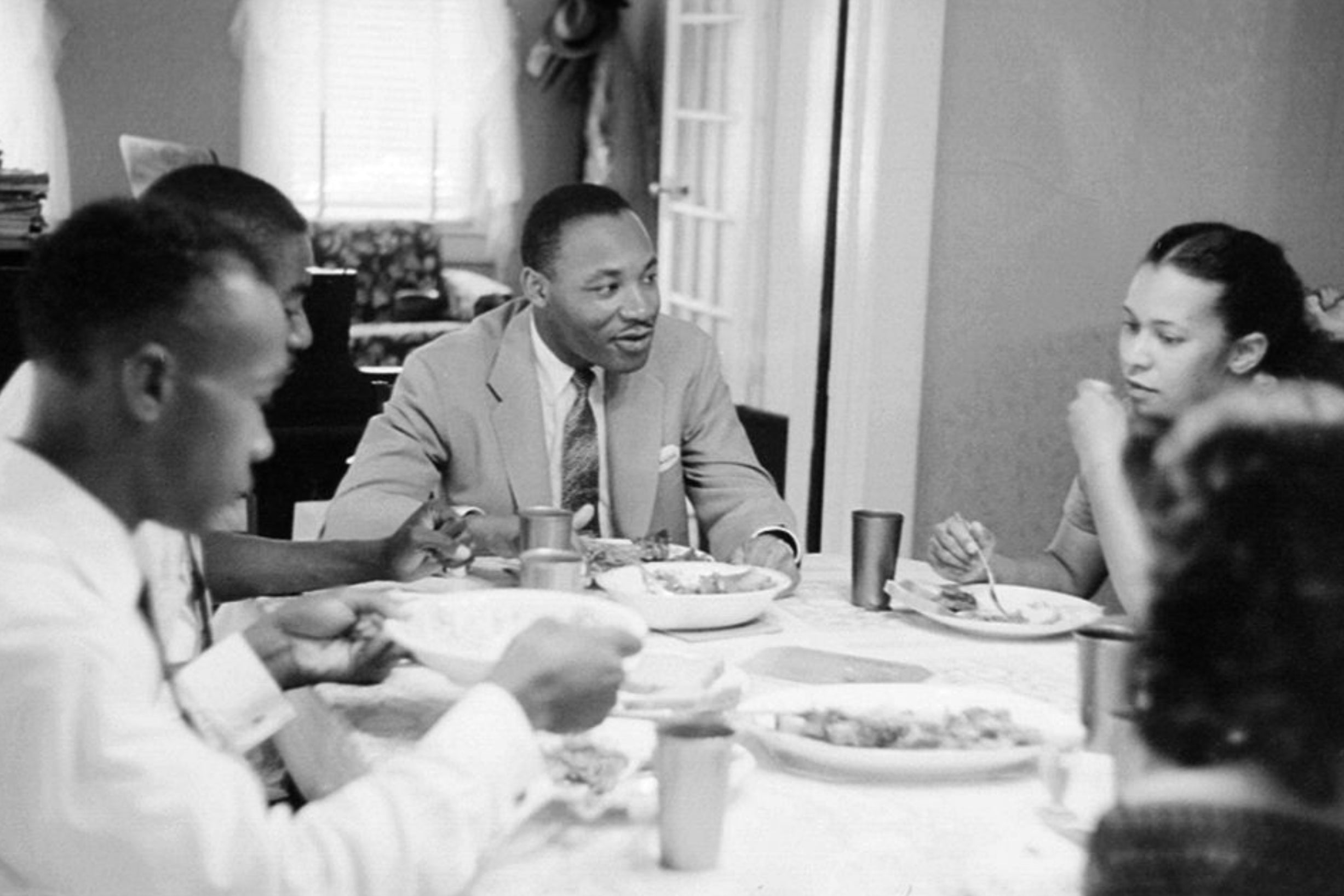 Martin Luther King Jr. eats a meal at home with his family in May 1956 in Montgomery, Alabama 
