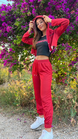 Czarina Silvia wearing a red hot lounge set from Czar Clothing in Sicily, Italy