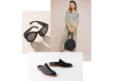 what to wear wednesday summer styles - adra slip-on mule in black, sunglasses, woman wearing purse.