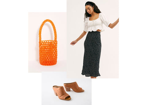 what to wear wednesday summer styles - woman wearing midi skirt and gaby heel in caramel 