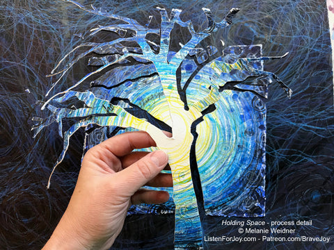 Holding Space art process photo, tree shape cut out of circle doodle