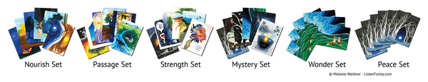 Six sets of greeting cards pictured with set titles