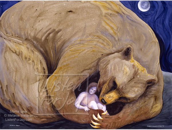 Art image of big, beautiful bear hugging or surrounding small person