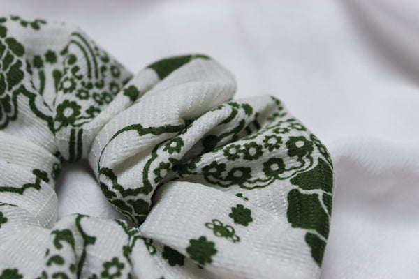 Meadow - Vintage Scrunchy in White with Green Floral Print - Staying Alive Vintage