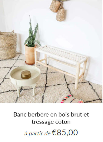 Banc berbere en bois brut et tressage coton