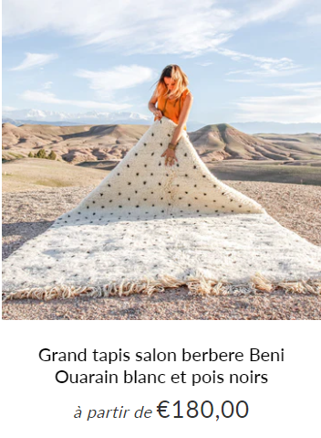 Grand tapis salon berbere Beni Ouarain blanc et pois noirs