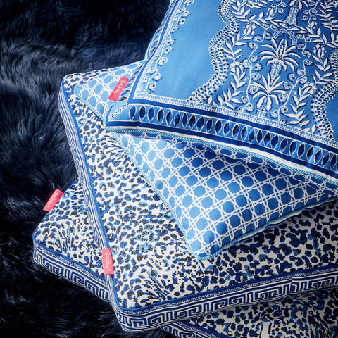 blue printed pillows