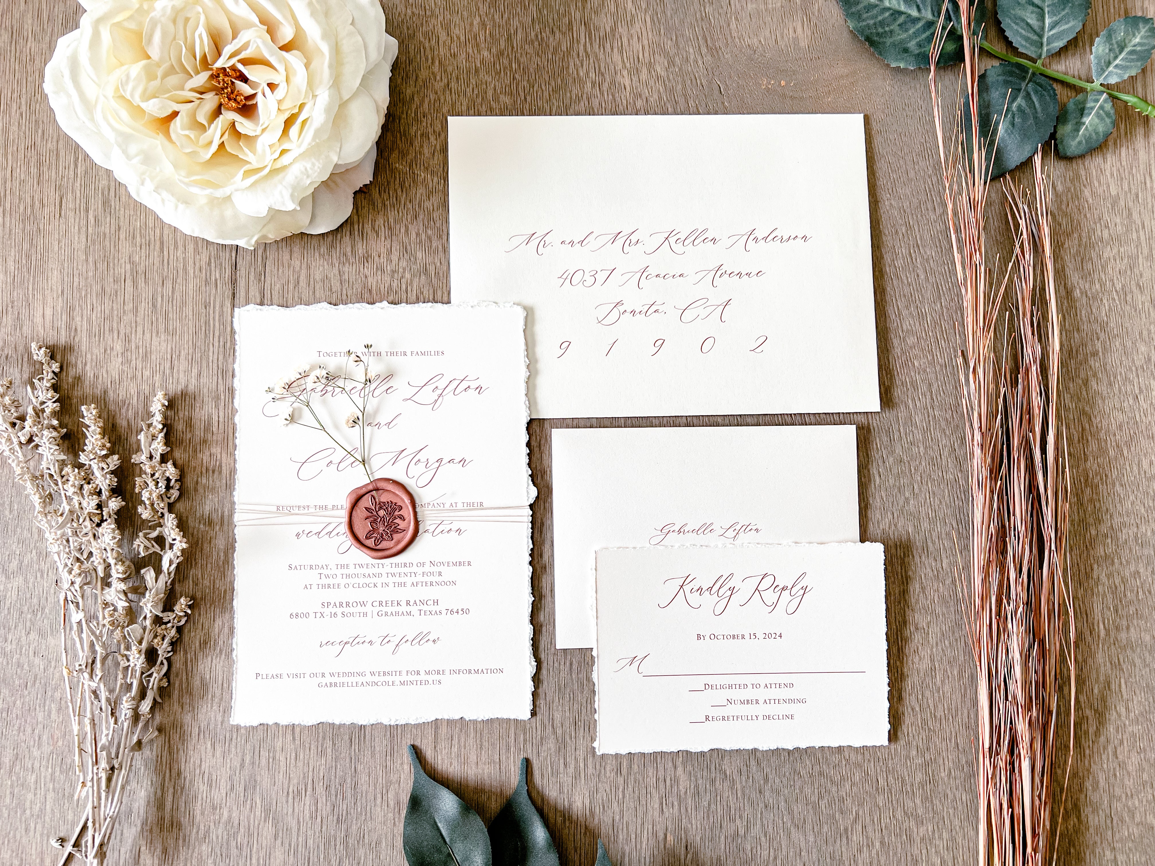 Ivory Baby’s Breath Wedding Invitation with Deckled Edging, Khaki Thread and Copper Wax Seal