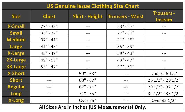 Hunting Clothing Size Chart