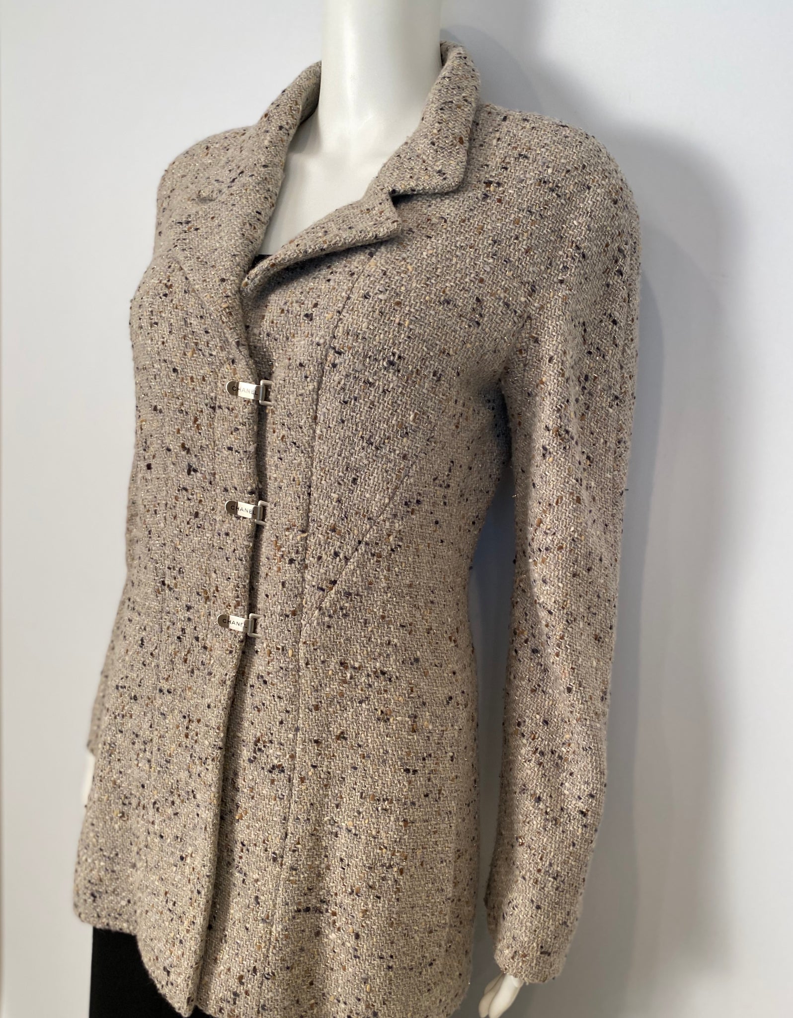 Chanel BlueBlack Wool Tweed Long Coat Size 1042  Yoogis Closet