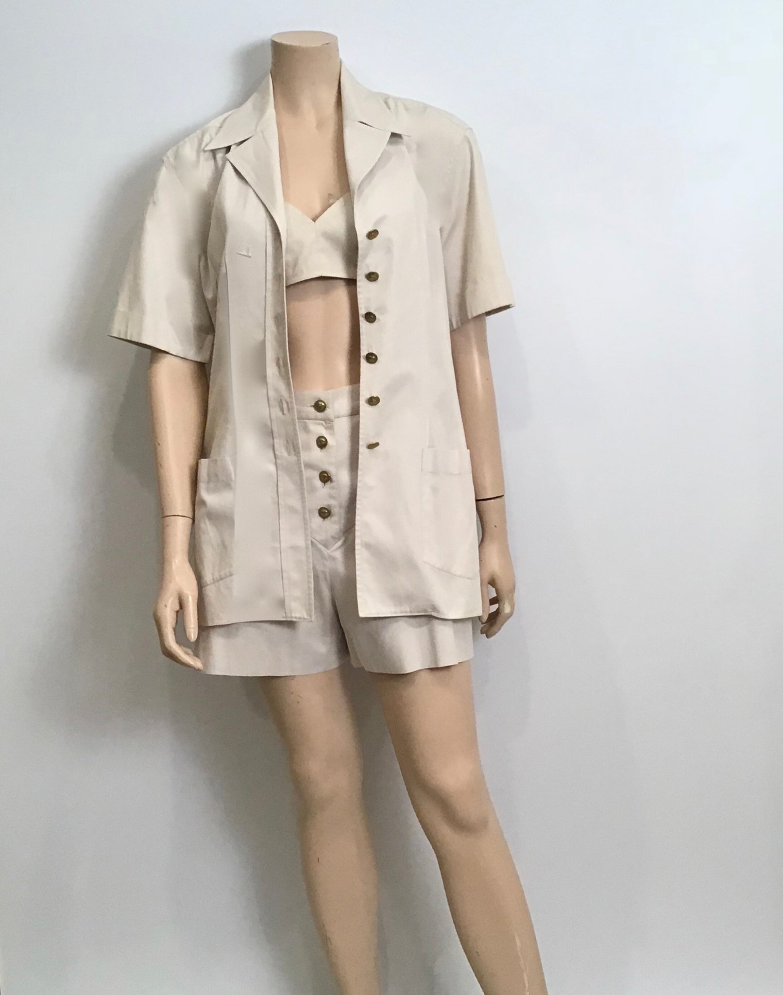 1980 Vintage Chanel Khaki Safari Shorts Cropped Bra Top Jacket Cotton  Extremely Rare 3 Piece Set US 4/6