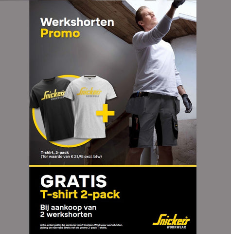 Krijg 2 gratis T-shirts bij aankoop van 2 Snickers workwear shorts.