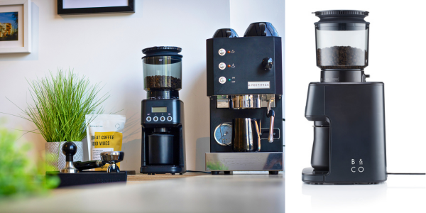 coffee grinder with bellow lid next to espresso machine