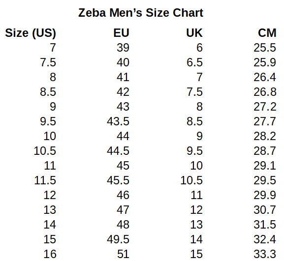 Sizing Guide Zeba Shoes